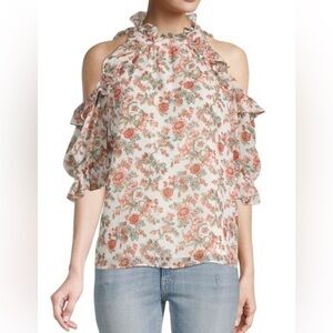 MAX STUDIO Floral Cold-Shoulder Top ruffled high neck  puff sleeves